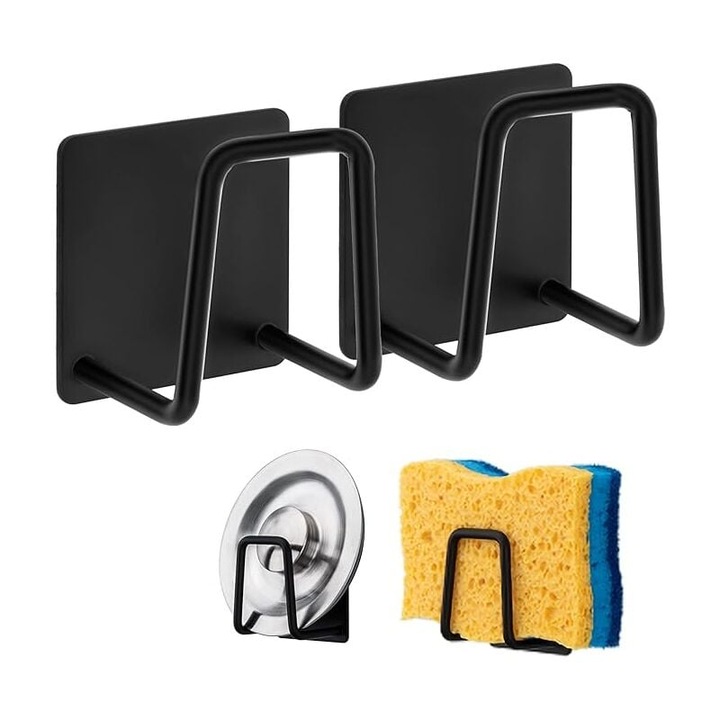 Set de 2 carlige autoadezive din inox, pentru organizare chiuveta, negru, 45x45mm