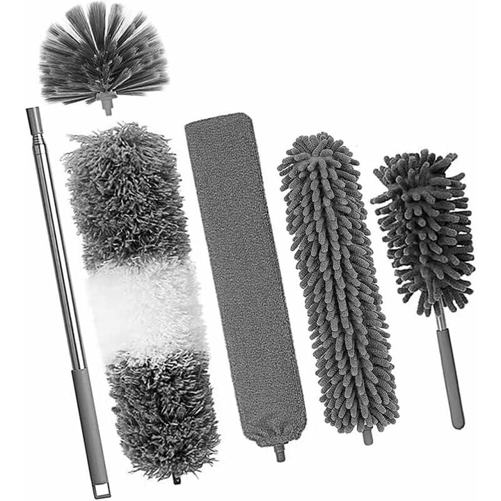Set de perii de curatare telescopice, 3 piese, microfibra, pentru colturi si locuri greu accesibile