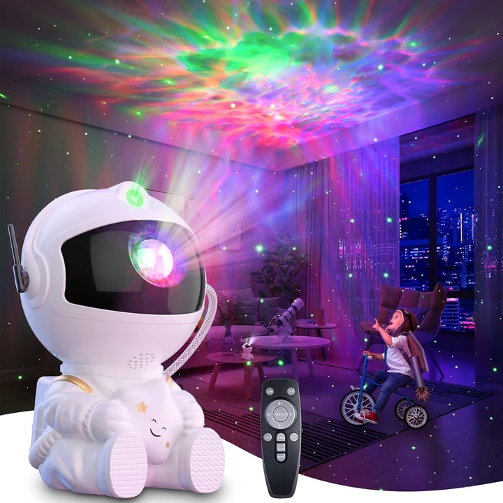 Proiector de stele Astronaut, 8 efecte nebuloase colorate, control de la distanta, rotire 360°, decor tematic spatial