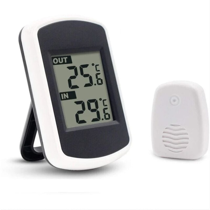 Termometru digital, wireless, LCD, pentru interior/exterior, senzor mini pentru temperatura camerei, alb/negru