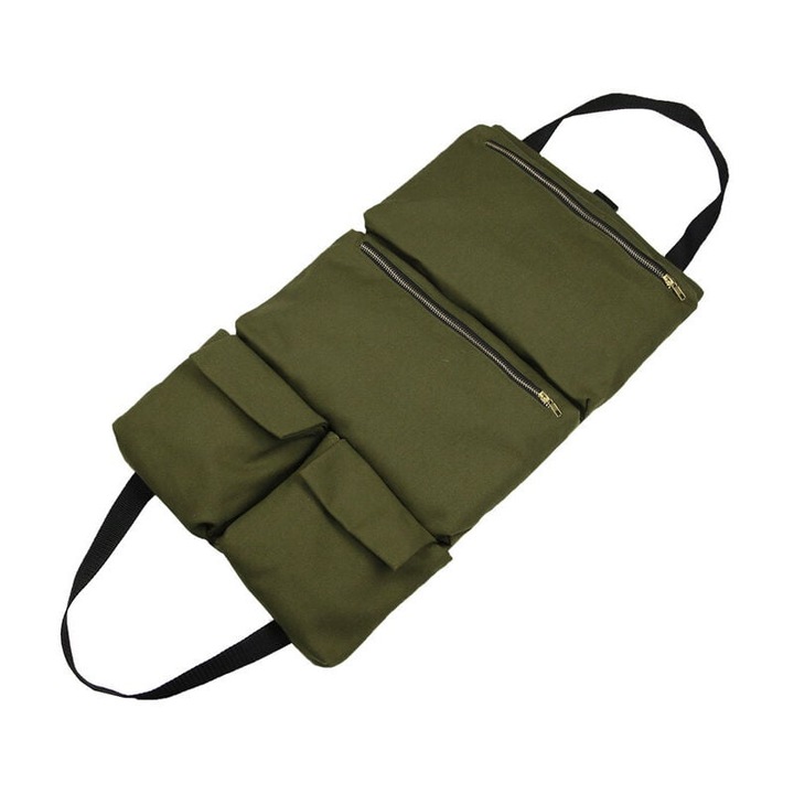 Geanta unelte multifunctionala, panza, 2 buzunare cu fermoar, negru, compacta