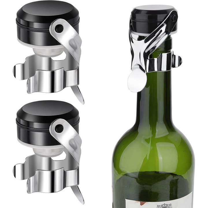Комплект от 2 тапи за шампанско, неръждаема стомана, силикон, черно и бяло, 4.9x4.3x6.5см
