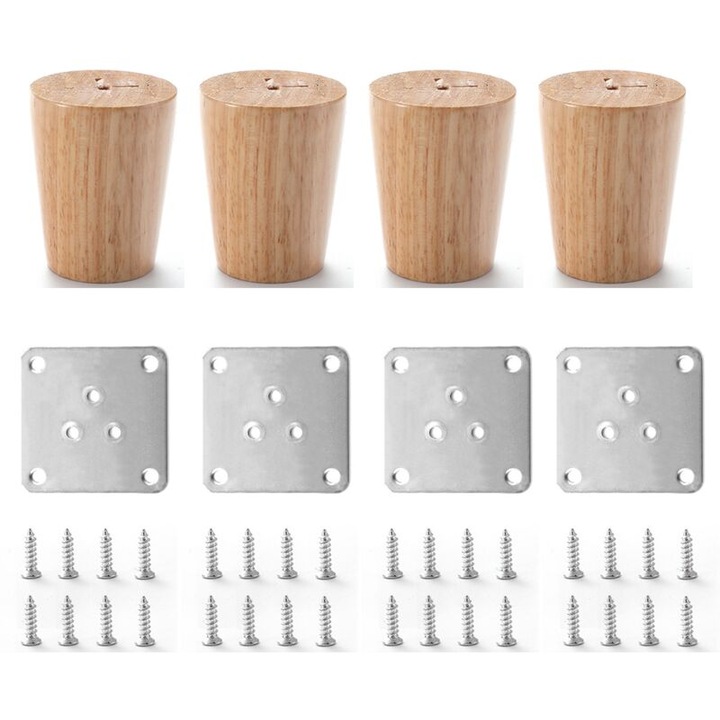 Set 4 picioare mobilier lemn masiv 6cm cu placa montaj si suruburi transparent