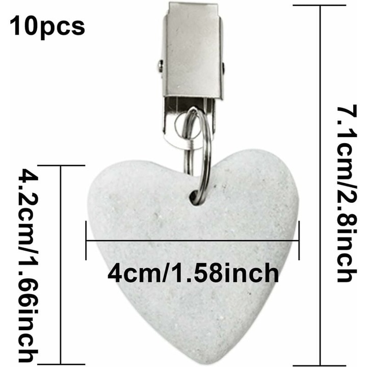 Комплект от 10 тежести за покривки, от бял мрамор с форма на сърце с щипки, 4x4x1см