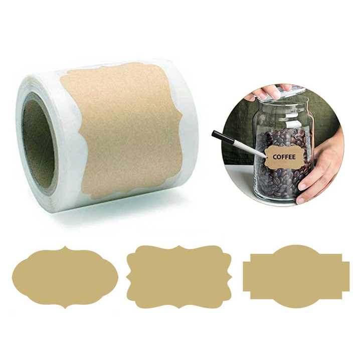 Set 250 etichete autoadezive din hartie kraft pentru borcane, cadouri, 30x50mm, negru, cu creion de scris