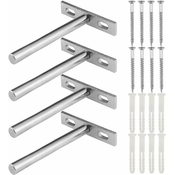 Set suporturi ascunse pentru rafturi suspendate, set de 4 piese, metal argintiu