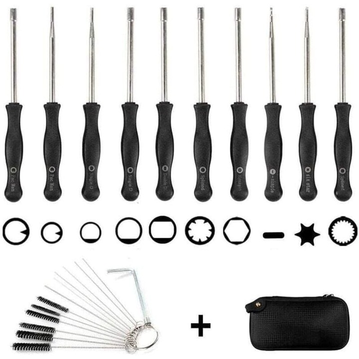 10 db-os karburátor-állító csavarhúzó készlet, hordtáska, tisztítókefe