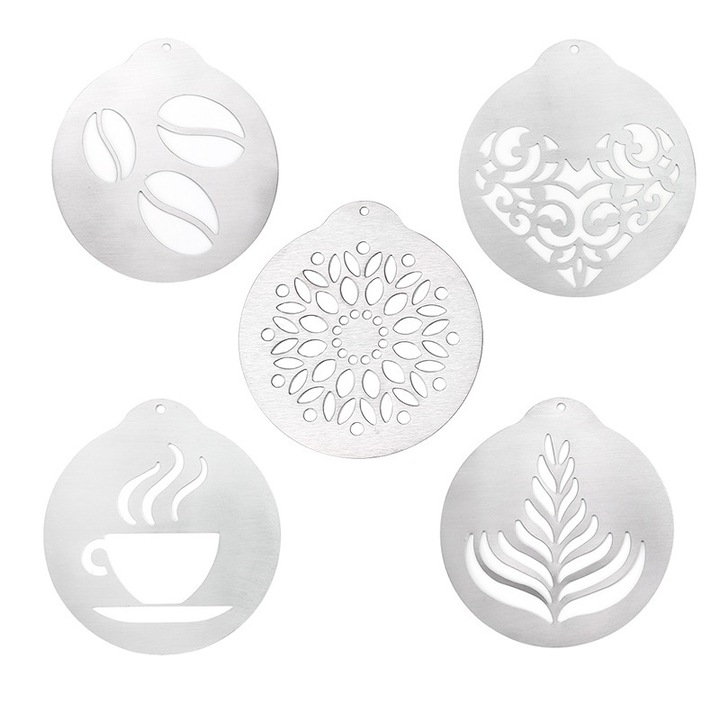 Set 5 sabloane cafea din otel inoxidabil, modele diverse, 9.1x8.5cm