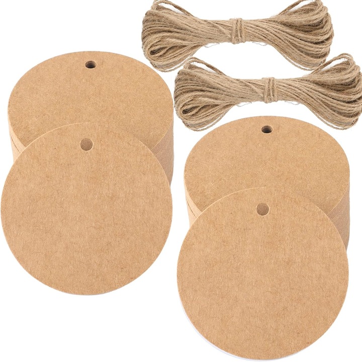 100 db kraftpapír ajándékcímke - kerek kraft címkék 5,5 x 5,5 cm, esküvői címkék zsinórral ajándékokhoz, karácsonyra, születésnapra, elsőáldozásra (barna)