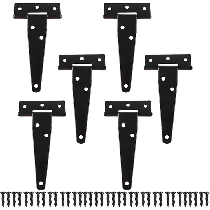 6 darabos fekete fém T-zsanér készlet, 122x63 mm, csavarokkal