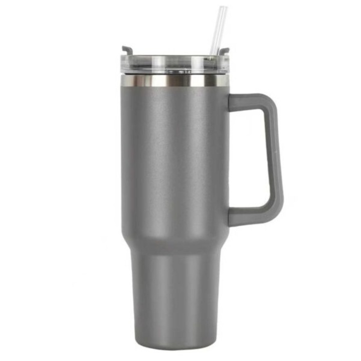 Cana termica cu capacitate de 1.2L, cu manere si pai, inox, reciclat, gri