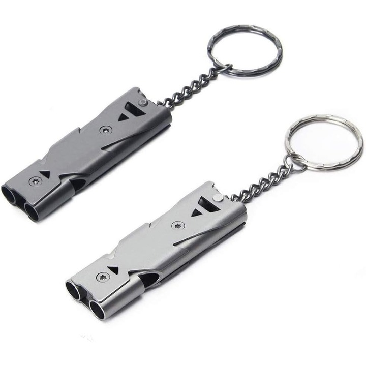 Set de 2 fluieruri de urgenta din otel inoxidabil, design cu tub dublu, 150 decibeli