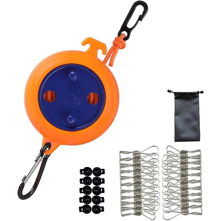 Sfoara retractabila pentru camping, 8m, cu clipsuri si opritoare, portabila, multifunctionala