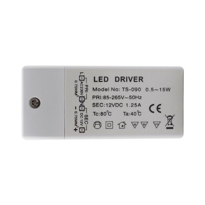 Transformator LED 12V 1.25A 15W 9.1x4.1x1.9cm