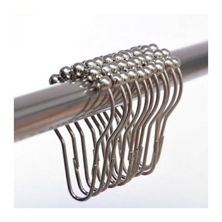 Set 24 carlige metalice cromate pentru perdea de dus, alunecare usoara, 7x4cm