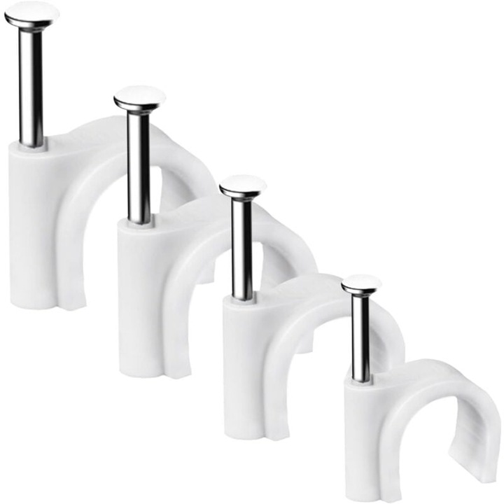 Set de 100 cleme de cablu rotunde, fixare cabluri, plastic alb, durabile