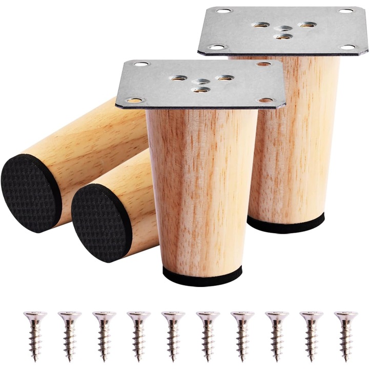 Set 4 picioare din lemn pentru mobilier, 15 cm, cu placi de montare si pad-uri antiderapante, finisaj nuc