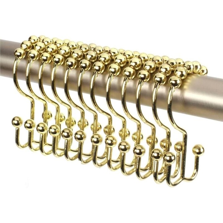 Set de 12 inele duble pentru perdea de dus, inox 304, finisaj auriu, rezistente la rugina