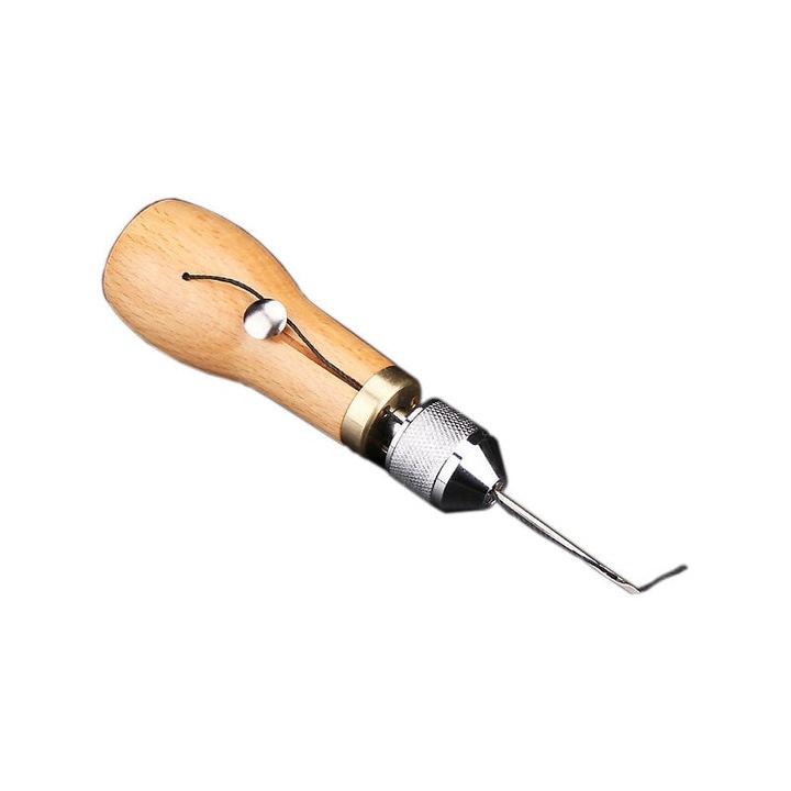Dispozitiv pentru cusut piele, cu ac manual, 12cm, constructie din otel, maner din lemn, set