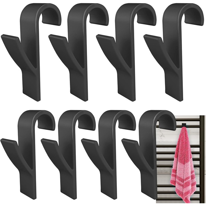 Set 8 carlige negre pentru calorifer, plastic, 2.5cm diametru
