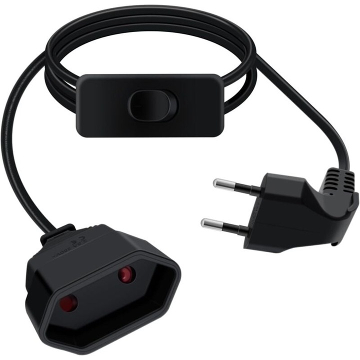 Cablu de extensie cu intrerupator, 1m, 2.5A, pentru aparate electrocasnice, negru