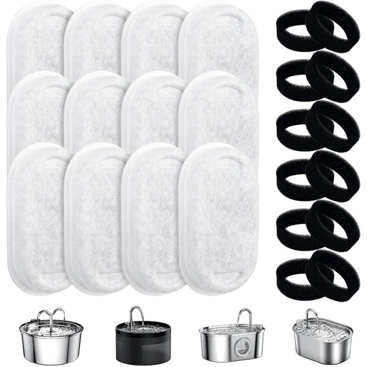 Set 12 filtre si 12 bureti pentru fantana de apa pentru pisici, carbon activ, alb, universal 2L-4L
