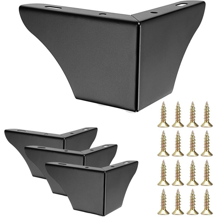 Set 4 picioare metalice pentru canapea, 7.5 cm, design dublu arc, negru