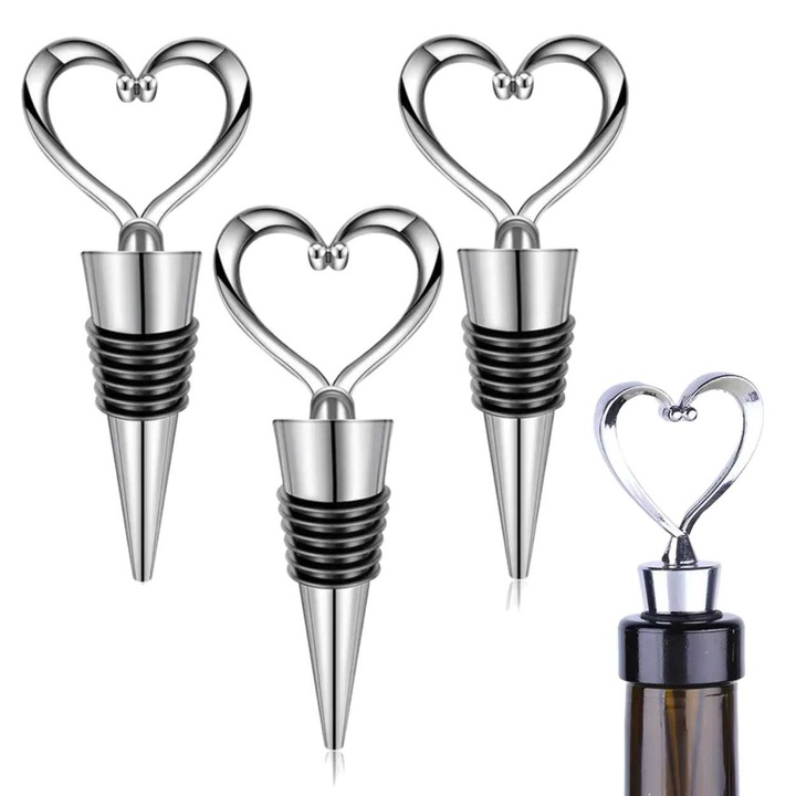 Комплект 3 тапи за вино с метално сърце, сребристи, 4.4x11см