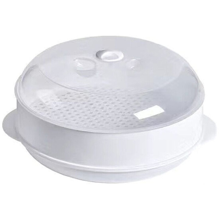 Vas de gatit la aburi pentru cuptoare cu microunde, capac etans, plastic rezistent, 24x11 cm