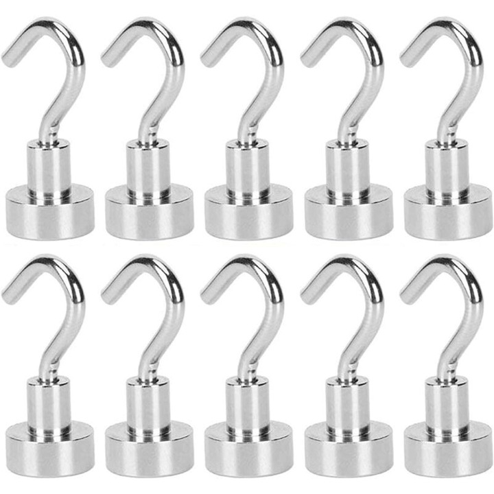 Set de 10 carlige magnetice, inox, rezistente la coroziune, dimensiuni compacte