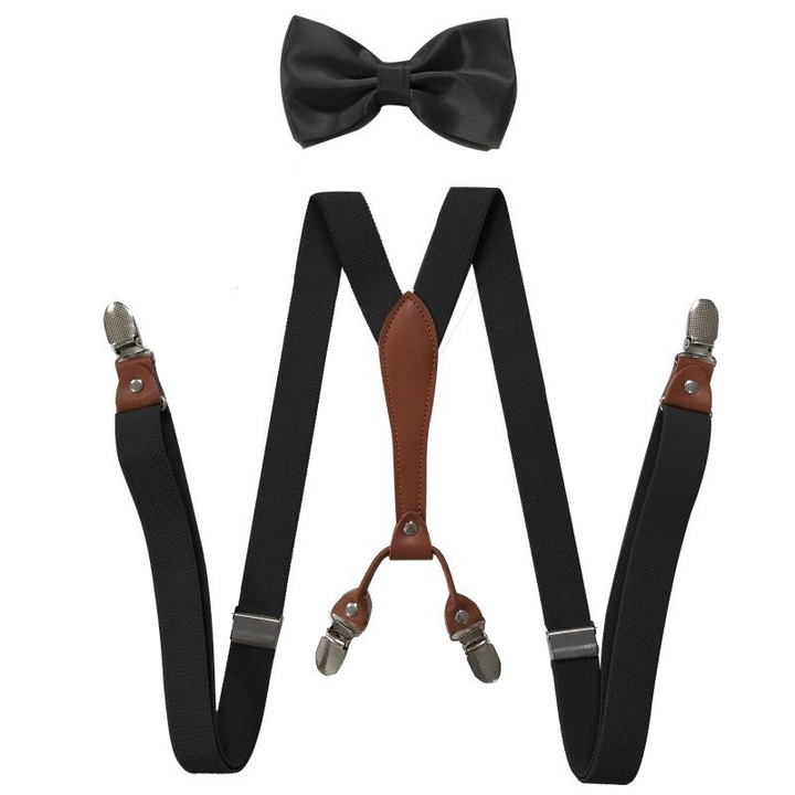 Set pentru barbati, curea cu clipsuri metalice si papion, negru/maro, design retro, ajustabile
