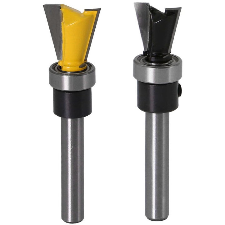 Set 2 freze cu rulment pentru imbinari tip coada de pasare, 6.35 mm, lungimi de taiere 12.7 mm si 15.9 mm, negru/galben