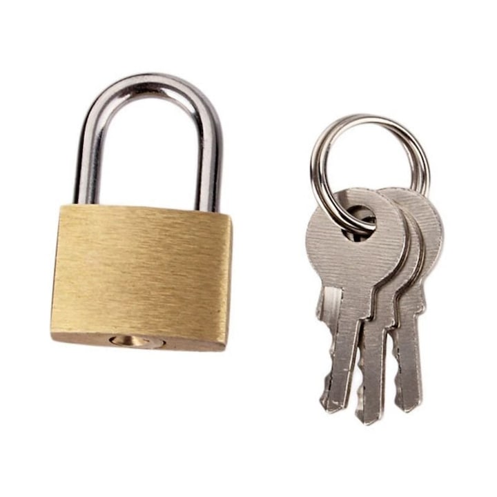 Lacat din alama, 20mm, set cu 1 lacat si 2 chei, rezistent la intemperii, utilizare interioara si exterioara