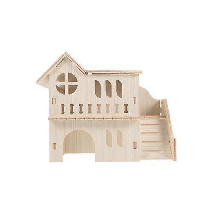 Casa din lemn pentru hamster, vila cu doua etaje si scara, 21.50x17.00x15.00cm