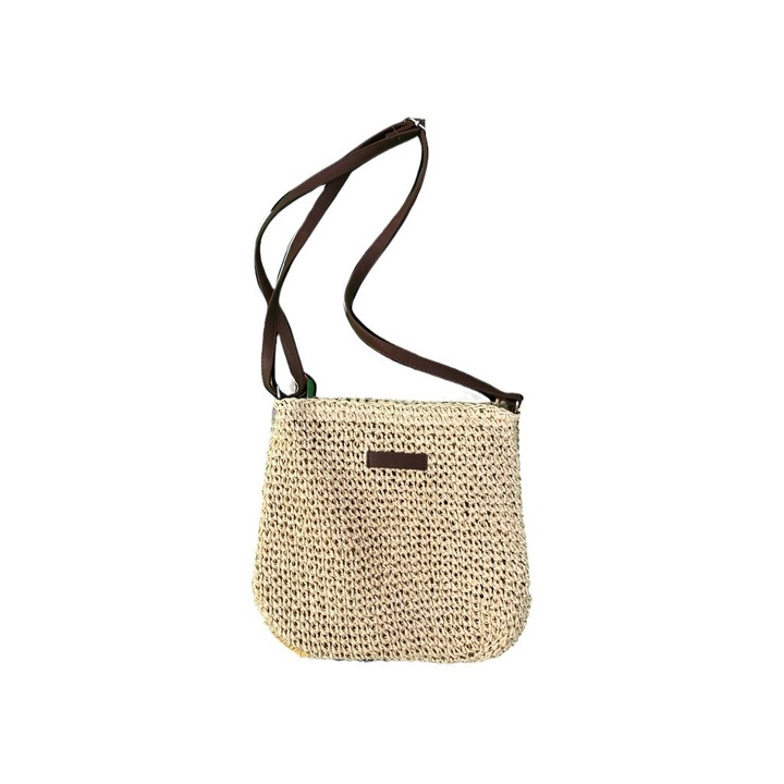 Női szalmatáska, nyári strand crossbody táska cipzárral, állítható vállpánt, kézzel szőtt válltáska, boho stílus, (törtfehér) törtfehér