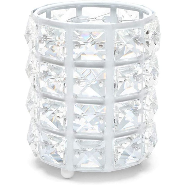 Sminkecset tartó fém kristályokkal fehér 10x10x15cm