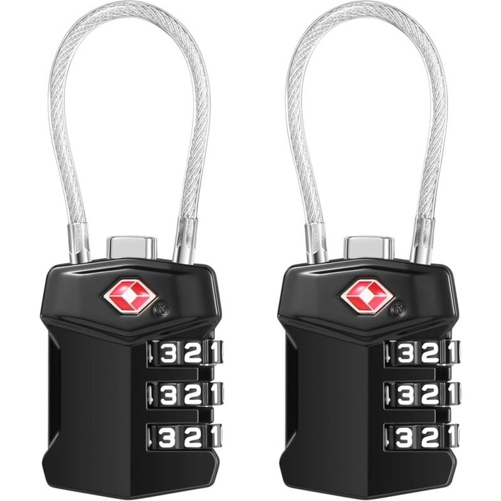 2 db számzáras lakat szett, 3 gombos, rugalmas kábellel, fekete, állítható