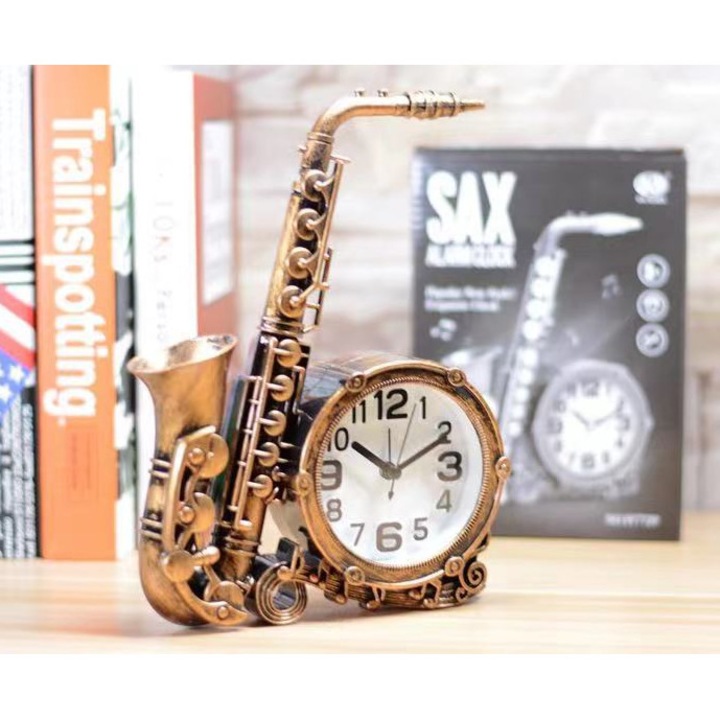 Ceas de birou retro saxofon, functie de alarma, bronz, 18x13cm