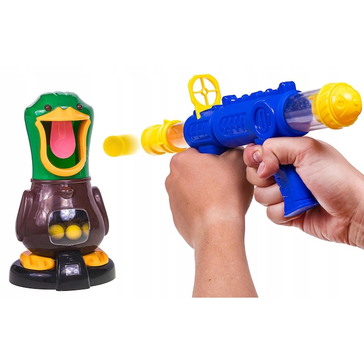 Joc de tinta pentru copii, Duck Hungry, set cu 2 pusti, 24 bile din spuma, 16x29cm, multicolor