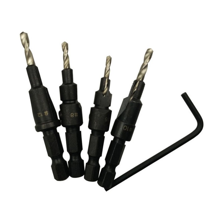 Set burghie lemn cu conuri, 4 piese, 6-12 mm, hexagonal 1/4", cu cheie Allen