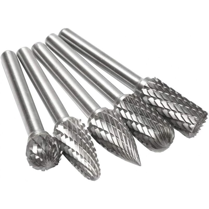 Set 5 bucati freze rotative din tungsten, diametru stift 6mm, dimensiune cap 10mm, pentru prelucrarea metalelor si non-metalelor