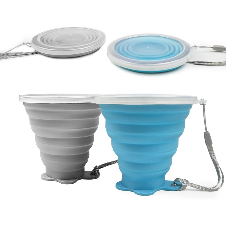 Set 2 cani pliabile din silicon, albastru si gri, 260ml, 9.5x8.5x4.5cm