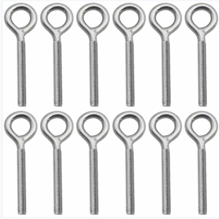 Set de 12 suruburi cu ochi M8 din otel inoxidabil 304, lungime totala 95mm, lungime filet 59mm