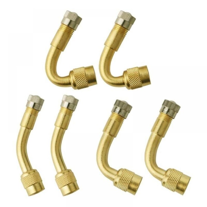Set de 6 extensii pentru valve de anvelope, unghiuri 45x90x135, culoare aurie, pentru masini, motociclete, camioane