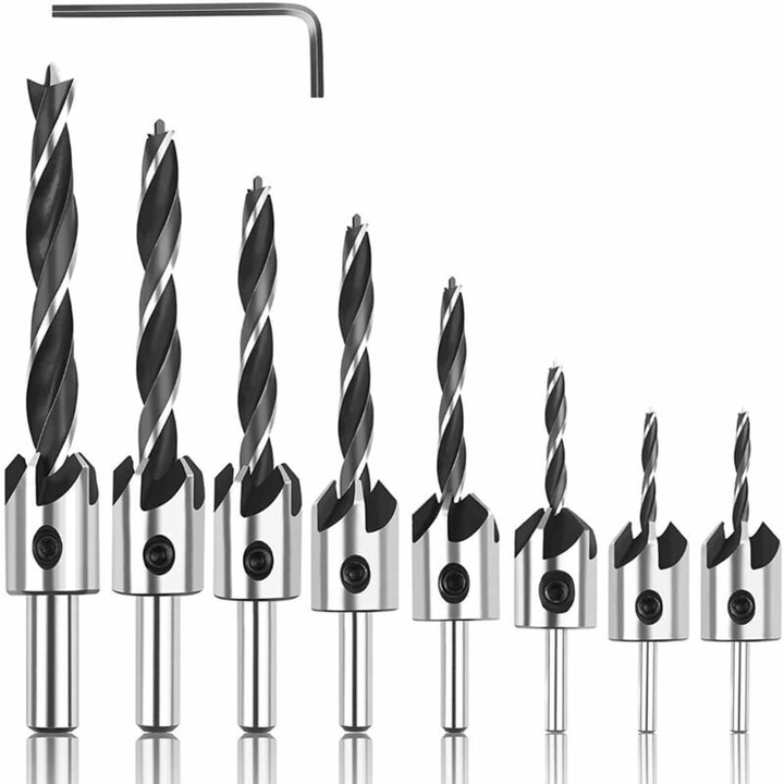 Set burghie din otel HSS pentru lemn, 7 piese, dimensiuni variate 3-8 mm, culoare neagra