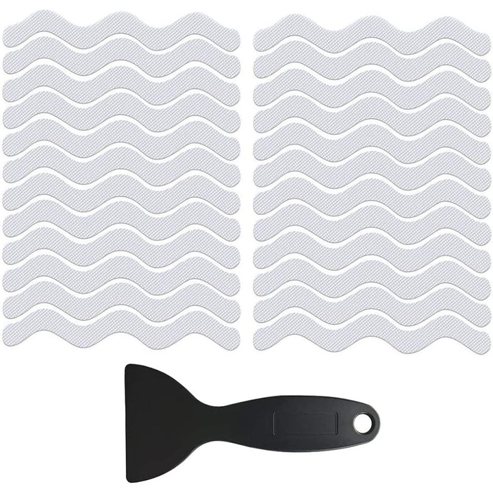 Set 24 benzi antiderapante transparente, autoadezive, 18x1.3cm, cu spatula neagra