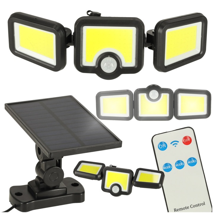 Kültéri LED-es napelemes lámpa mozgásérzékelővel és alkonykapcsolóval, fekete, 3 világítási mód, 19x9x2cm