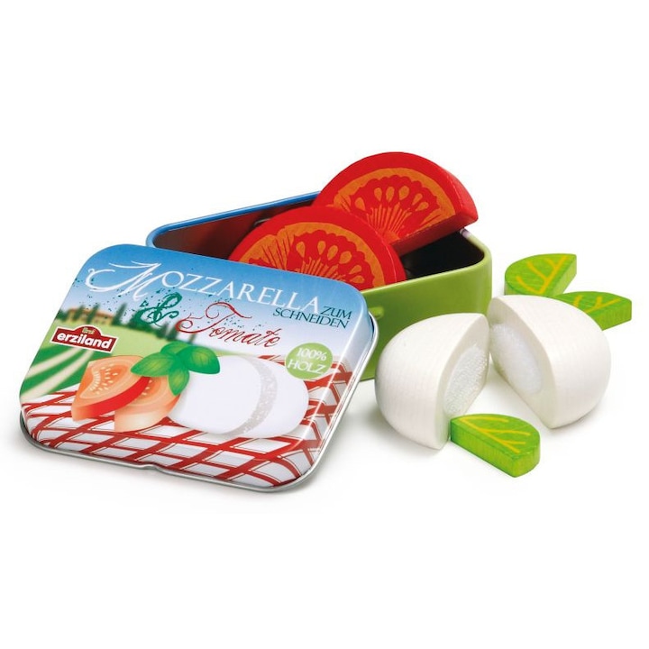 Set jucarie din lemn Erzi, mozzarella cu rosii, busuioc, 7,3x5,6x2,3cm