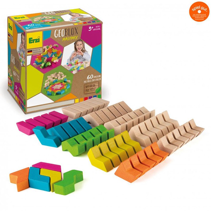 Set cuburi din lemn GeoBlox MaxiMix, Erzi, 60 piese, multicolor