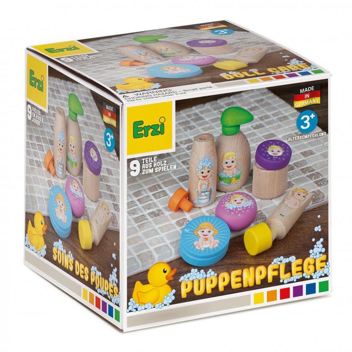 Set de cosmetice din lemn pentru papusi, Erzi, 9 piese, multicolor